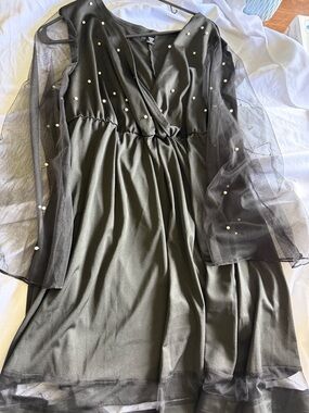 SHEIN Black Long Sleeve Mesh Dress with Pearl Details